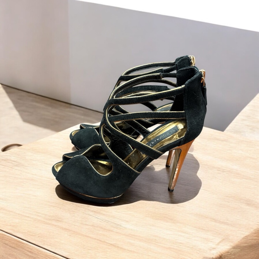 BCBGMaxAzria Gold and Black Strappy Heel NWOT